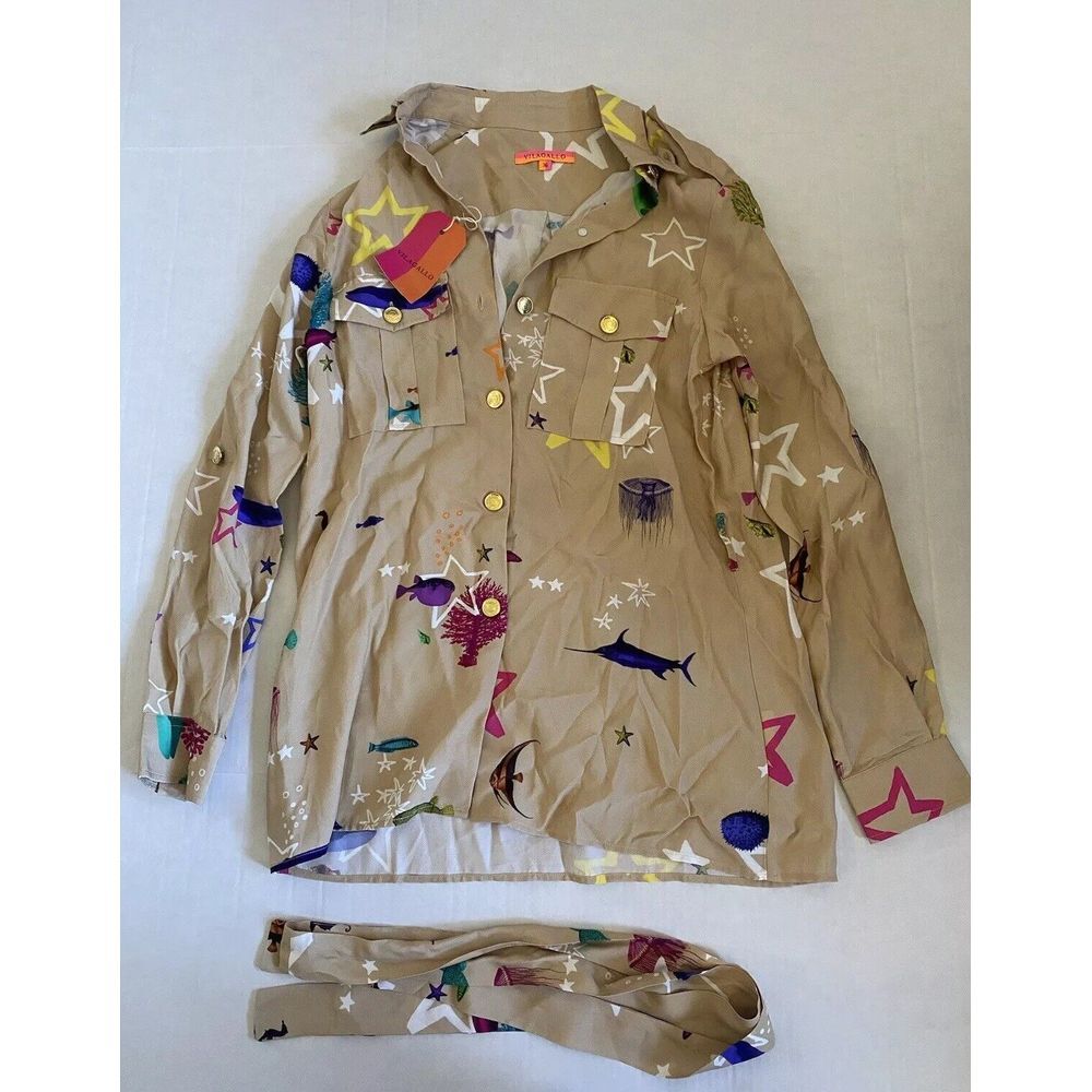 villagallo Button Down Beige Sea Life Shirt With Tie Size‎ 36 See Measurements